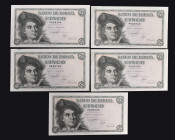 BILLETES ESPAÑOLES. Lote de 5 billetes. 5 pts. Emisión 5 de marzo de 1948, numeración correlativa, serie L. ED-455a. Apresto original. SC.