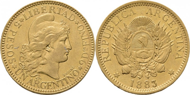 WORLD Coins
Argentina - 5 Pesos or 1 Argentino 1883, Gold Liberty head to right...