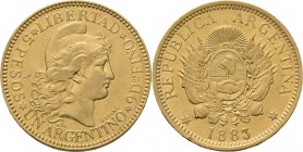 WORLD Coins
Argentina - 5 Pesos or 1 Argentino 1883, Gold Liberty head to right. Rev. arms.Fr. 14; KM. 31.8.05 g Very fine +