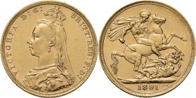 WORLD Coins
Australia - Sovereign 1891 9 over 8., Gold, VICTORIA 1837–1901 Sydney mint. Jubilee bust to left. Rev. St. George slaying dragon, date in...