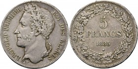 WORLD Coins
Belgium - 5 Francs 1835, Silver, LEOPOLD I 1831–1865 Laureate head left. Rev. denomination and date within oak-wreath. Pos. B.KM. 3.1; NB...