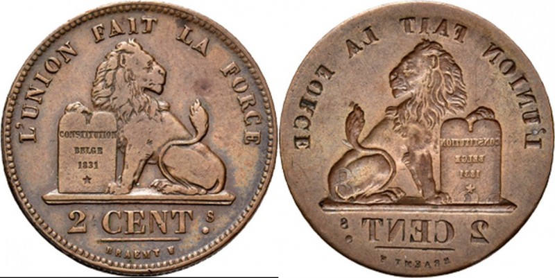 WORLD Coins
Belgium - Error 2 Centimes n.d., Copper, LEOPOLD I 1831–1865 Lion h...