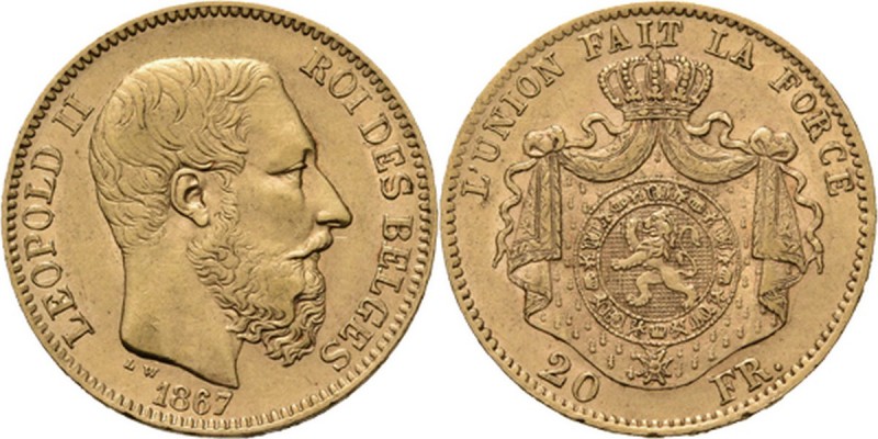 WORLD Coins
Belgium - 20 Francs 1867, Gold, LEOPOLD II 1865–1909 Bare head to r...