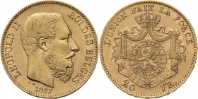 WORLD Coins
Belgium - 20 Francs 1867, Gold, LEOPOLD II 1865–1909 Bare head to right. Rev. crowned and mantled arms. Pos. A.Fr. 412; KM. 32; NBFB-2096...