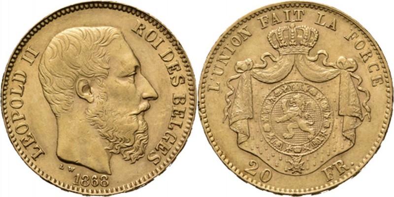 WORLD Coins
Belgium - 20 Francs 1868, Gold, LEOPOLD II 1865–1909 Bare head to r...