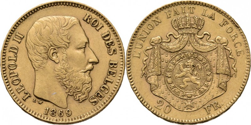 WORLD Coins
Belgium - 20 Francs 1869, Gold, LEOPOLD II 1865–1909 Bare head to r...
