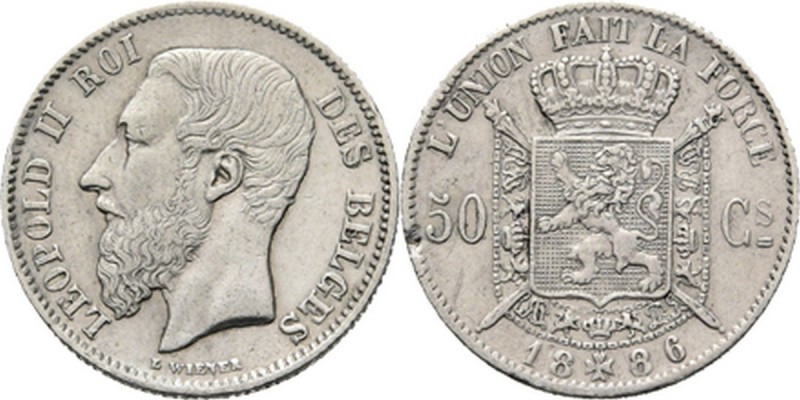WORLD Coins
Belgium - 50 Centimes 1886, Silver, LEOPOLD II 1865–1909 Head left....