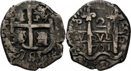 WORLD Coins
Bolivia - Cob of 2 reales 1701, Silver, FELIPE V 1700–1746 Posthumous issue of Charles II. Potosi mint. Cross of Jerusalem, castles and l...