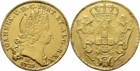 WORLD Coins
Brazil - Dobra or 12.800 Réis 1729, Gold, D. JOÃO V 1706–1750 Minas Gerais. Laureate head to right, mintmark over date below IOANNES· V· ...