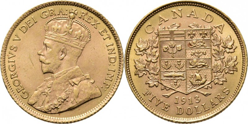 WORLD Coins
Canada - 5 Dollars 1913, Gold, GEORGE V 1910–1936 Crowned bust left...
