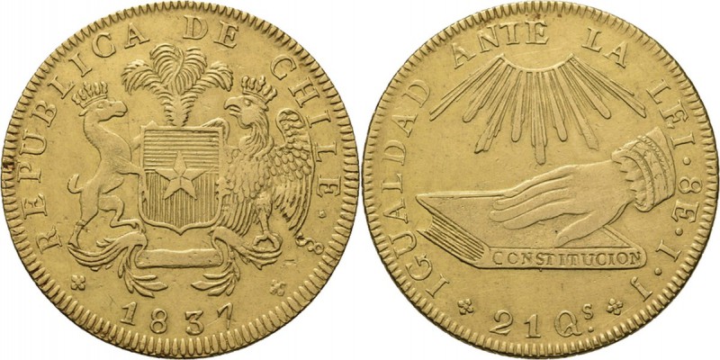 WORLD Coins
Chile - 8 Escudos 1837 IJ, Gold Santiago mint. Plumed and supported...