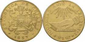 WORLD Coins
Chile - 8 Escudos 1837 IJ, Gold Santiago mint. Plumed and supported arms. Rev. hand on book, sun rays above.KM. 93; Fr. 3726.69 g Very fi...