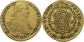 WORLD Coins
Colombia - Escudo 1797 NR JJ, Gold, CARLOS IV 1788–1808 Nuevo Reino mint. Bust to right. Rev. crowned arms in Order chain.KM. 56.1; Fr. 5...