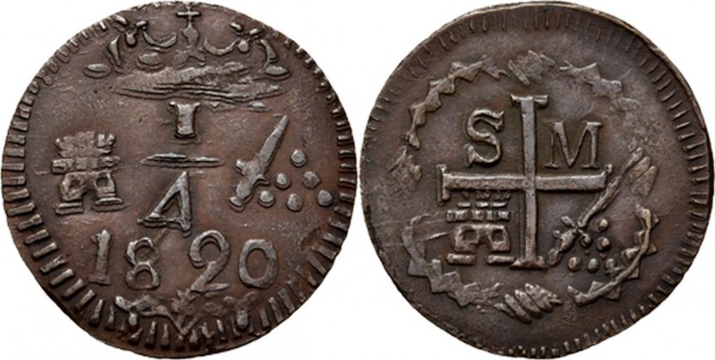 WORLD Coins
Colombia - 1/4 Real 1820, Copper, SANTA MARTA Crowned value between...