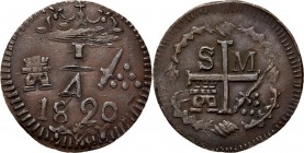 WORLD Coins
Colombia - 1/4 Real 1820, Copper, SANTA MARTA Crowned value between tower and sword with canon balls, date below. Rev. cross divides S / ...