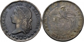 WORLD Coins
Colombia - Peso 1869, Silver, Estados Unidos de Colombia 1862–1886 Medellin mint. Liberty head to left. Rev. coat of arms.KM. 147; Fr. 97...