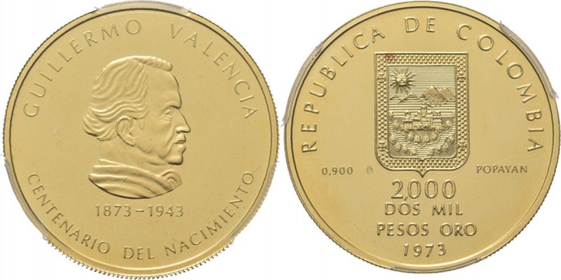 WORLD Coins
Colombia - 2000 Pesos 1973, Gold, REPUBLIC Bust right, two dates be...