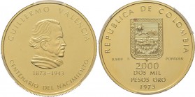 WORLD Coins
Colombia - 2000 Pesos 1973, Gold, REPUBLIC Bust right, two dates below. Rev. shield above denomination, date below.KM. 257. PCGS PR66CAM ...