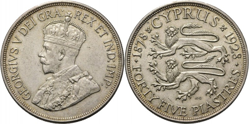 WORLD Coins
Cyprus - 45 Piastres 1928, Silver, GEORGE V 1910-1936 50th Annivers...