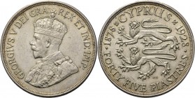 WORLD Coins
Cyprus - 45 Piastres 1928, Silver, GEORGE V 1910-1936 50th Anniversary of British Rule. Crowned bust to left. Rev. two stylized rampant l...