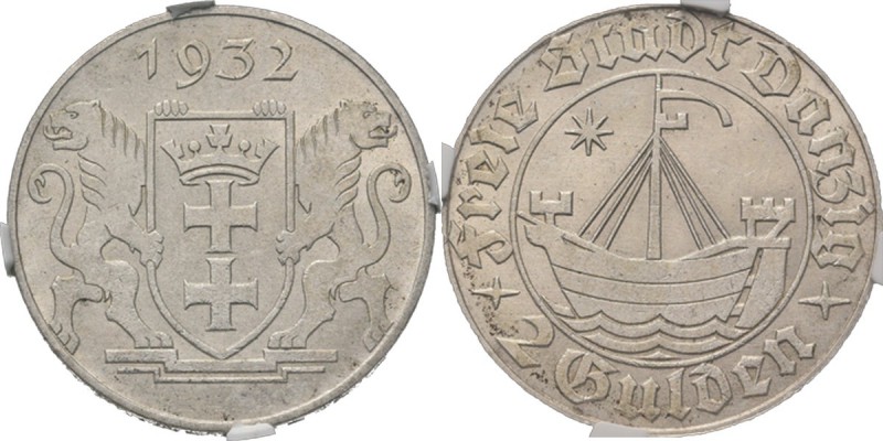 WORLD Coins
Danzig - 2 Gulden 1932, Silver Free City. Coat of arms of Danzig be...