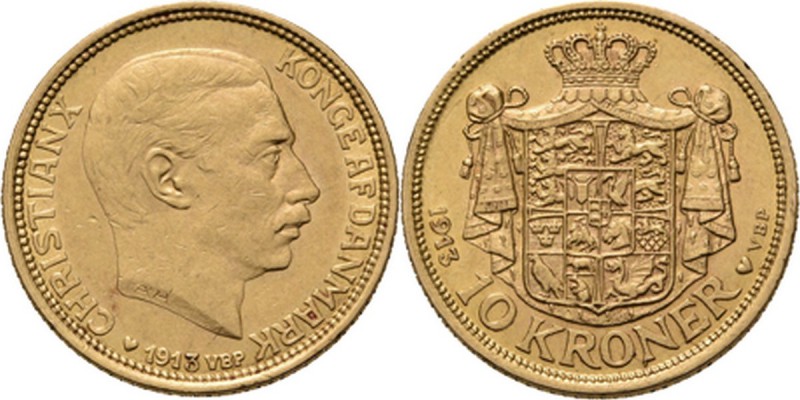 WORLD Coins
Denmark - 10 Kroner 1913, Gold, CHRISTIAN X 1912–1947 Head to right...