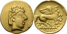 WORLD Coins
France - AV ¼ Stater n.d, Gold, MEDIOMATRICI, Gallia Stylized head of Apollo right. Rev. Pegasus flying right, rows of pellets underneath...