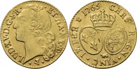 WORLD Coins
France - Louis d'or au bandeau 1765, Gold, LOUIS XV 1715–1774 Cow. Pau mint (Bearn). Head to left. Rev. crowned arms of France and Navarr...