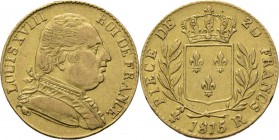 WORLD Coins
France - 20 Francs 1815 R, Gold, LOUIS XVIII 1814 & 1815–1824 London mint. Uniformed bust right. Rev. crowned arms in wreath.Gad. 1027; K...