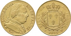 WORLD Coins
France - 20 Francs 1815 W, Gold, LOUIS XVIII 1814 & 1815–1824 Lille mint. Uniformed bust right. Rev. crowned arms in wreath.Gad. 1026; KM...