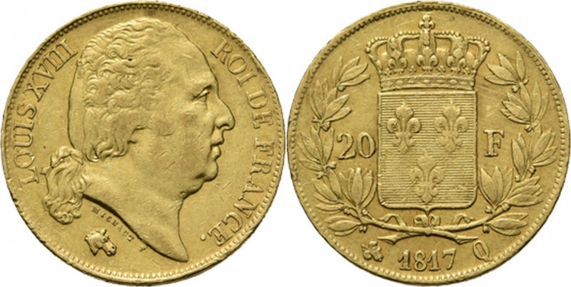 WORLD Coins
France - 20 Francs 1817 Q, Gold, LOUIS XVIII 1814 & 1815–1824 Perpi...
