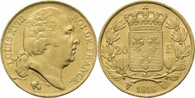 WORLD Coins
France - 20 Francs 1818 W, Gold, LOUIS XVIII 1814 & 1815–1824 Lille mint. Head right. Rev. crowned arms divide denomination within wreath...