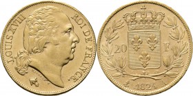 WORLD Coins
France - 20 Francs 1824 A, Gold, LOUIS XVIII 1814 & 1815–1824 Paris mint. Head right. Rev. crowned arms divide denomination within wreath...