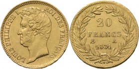 WORLD Coins
France - 20 Francs 1831 A, Gold, LOUIS-PHILIPPE Ier 1830–1848 Paris mint. Bare head left. Rev. value and date within wreath. Raised edge ...