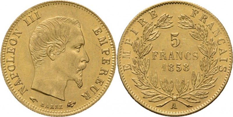 WORLD Coins
France - 5 Francs 1858, Gold, NAPOLÉON III 1852–1870 Paris mint. Ba...