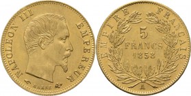 WORLD Coins
France - 5 Francs 1858, Gold, NAPOLÉON III 1852–1870 Paris mint. Bare head right. Rev. value and date within wreath.Gad. 1000; KM 787.1; ...