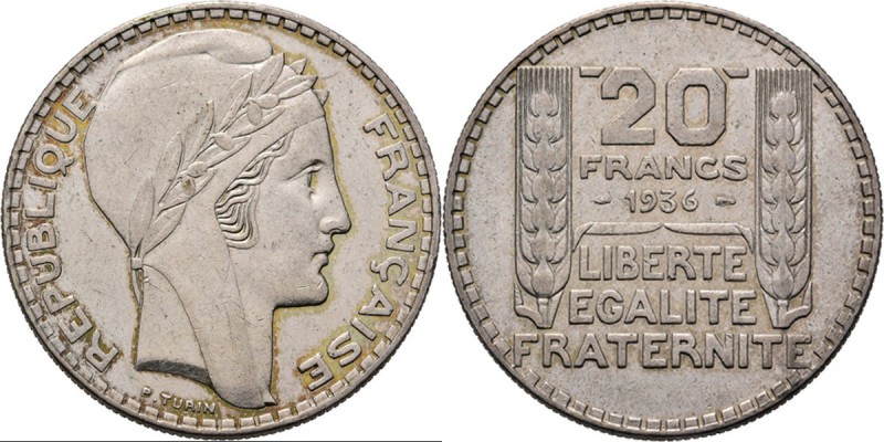 WORLD Coins
France - 20 Francs 1936, Silver, 3me RÉPUBLIQUE 1871–1940 Laureate ...