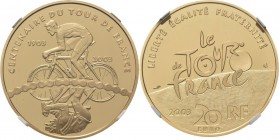 WORLD Coins
France - 20 Euro 2003, Gold, 5me RÉPUBLIQUE depuis 1959 Centenary of the Tour de France. Cyclist. Rev. logo of the Tour, denomination bel...