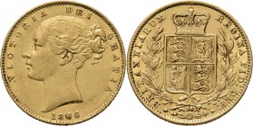 WORLD Coins
Great Britain - Sovereign 1866, Gold, VICTORIA 1837–1901 Young head over date. Rev. crowned arms between two branches. S. 3853; KM. 736.2...