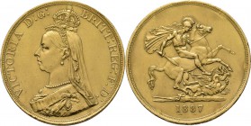 WORLD Coins
Great Britain - 5 Pounds 1887, Gold, VICTORIA 1837–1901 Jubilee bust to left. Rev. St. George slaying dragon, date in exergue.S. 3864; Fr...