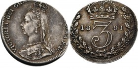 WORLD Coins
Great Britain - Error Threepence 1891, Silver, VICTORIA 1837–1901 Jubilee bust to left. Rev. value and date under crown within wreath.KM....