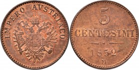 WORLD Coins
Italy - 5 Centesimi 1852 M, Copper, FRANZ JOSEPH I 1848–1859, LOMBARD Y VENETIA Milan mint. Austrian administration. Crowned double-heade...