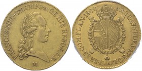 WORLD Coins
Italy - Sovrano 1800 M, Gold, FRANCESCO II 1792–1800, MILANO Franz II right. Rev. crowned oval arms in Order chain.Fr. 741a; KM. 241 PCGS...