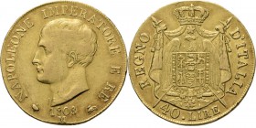 WORLD Coins
Italy - 40 Lire 1808, Gold, NAPOLEONE 1805–1814, MILANO M. Bare head of the emperor Napoleon to left. Rev. arms on a crowned mantle.Fr. 5...