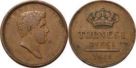 WORLD Coins
Italy - 10 Tornesi 1839, Copper, FERDINANDI II 1830–1859, NAPLES AND SICILY Young bearded head right. Rev. large crown above 2-line inscr...
