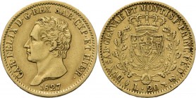 WORLD Coins
Italy - 20 Lire 1827 L, Gold, CARLO FELICE 1821–1831, SARDINIA Torino. Bare head to left over date. Rev. crowned arms between two branche...