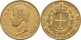 WORLD Coins
Italy - 20 Lire 1849 P, Gold, CARLO ALBERTO 1831–1849, SARDINIA Bare head to left over date. Rev. crowned arms between two branches. Mm. ...