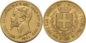 WORLD Coins
Italy - 20 Lire 1859 P, Gold, VITTORIO EMANUELE II 1849–1878, SARDINIA Bare head to left over date. Rev. crowned arms between two branche...