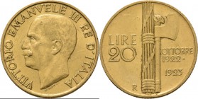WORLD Coins
Italy - 20 Lire 1923 R, Gold, VITTORIO EMANUELE III 1900–1946, REGNO D'ITALIA Head left. Rev. axe head within fasces with value at left.K...