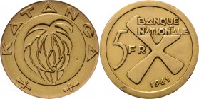 WORLD Coins
Katanga - 5 Francs 1961, Gold Bananas. Rev. Katanga cross and denomination.KM. 2a; Fr. 113.23 g. Cleaned and ex mount Very fine